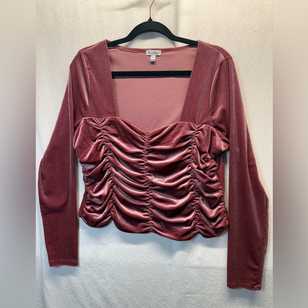 Fairycore Love,Fire Pink Ruched Velvet Square-Neck Long Sleeve Crop Top Junior L
